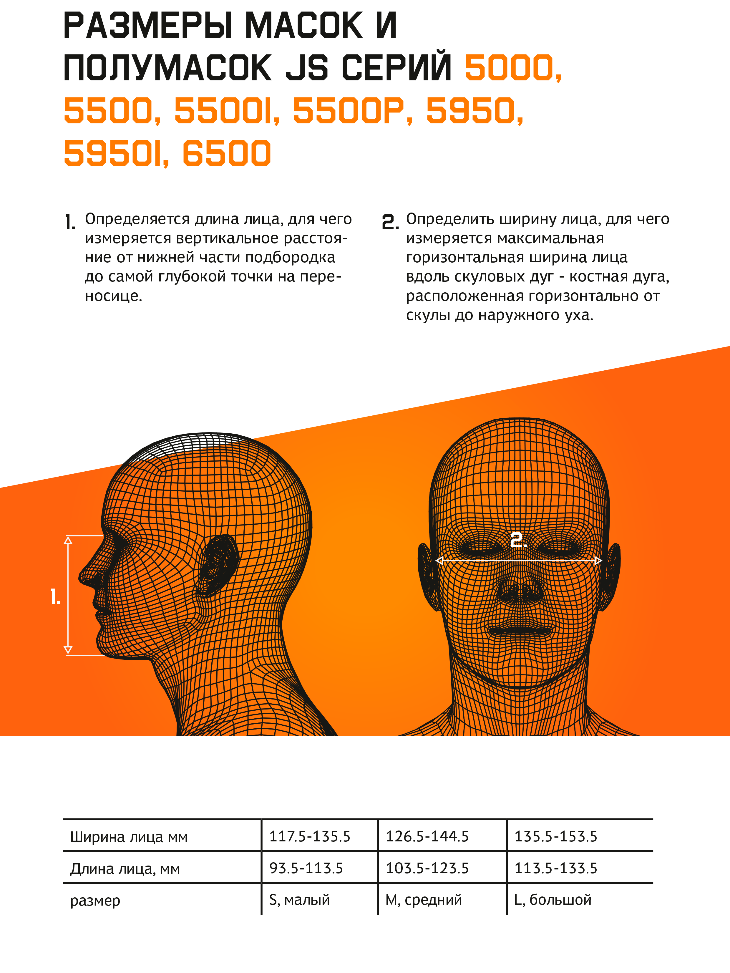 Размеры масок и полумасок JS серии 5000, 5500, 5500I, 5500P, 5950, 5950I, 6500